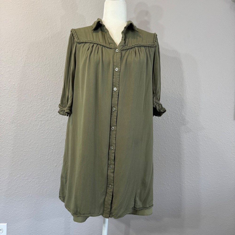 ANNIEWEAR Women's Size M Olive Braided Yoke Pockets Shirt Dress AD4555W